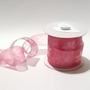 R033 Pink Organza Flower Print Ribbon 35mm