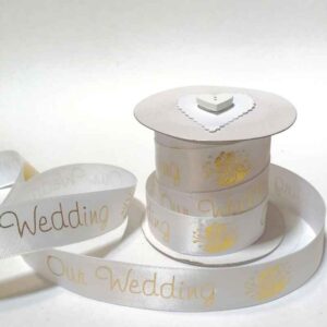 Our Wedding Printed Gold Satin 23mm
